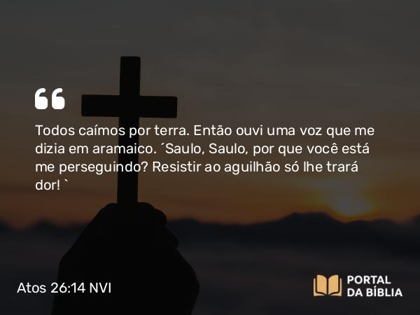 Atos 26:14-15 NVI - Todos caímos por terra. Então ouvi uma voz que me dizia em aramaico. ´Saulo, Saulo, por que você está me perseguindo? Resistir ao aguilhão só lhe trará dor! `