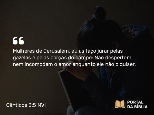 Cânticos 3:5 NVI - Mulheres de Jerusalém, eu as faço jurar pelas gazelas e pelas corças do campo: Não despertem nem incomodem o amor enquanto ele não o quiser.