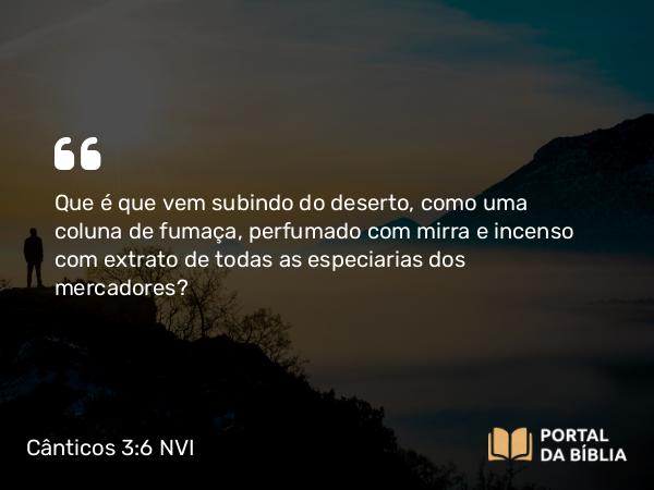 Cânticos 3:6 NVI - Que é que vem subindo do deserto, como uma coluna de fumaça, perfumado com mirra e incenso com extrato de todas as especiarias dos mercadores?