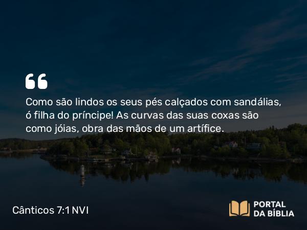 Cânticos 7:1 NVI - Como são lindos os seus pés calçados com sandálias, ó filha do príncipe! As curvas das suas coxas são como jóias, obra das mãos de um artífice.