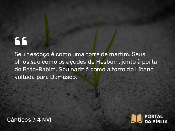 Cânticos 7:4 NVI - Seu pescoço é como uma torre de marfim. Seus olhos são como os açudes de Hesbom, junto à porta de Bate-Rabim. Seu nariz é como a torre do Líbano voltada para Damasco.