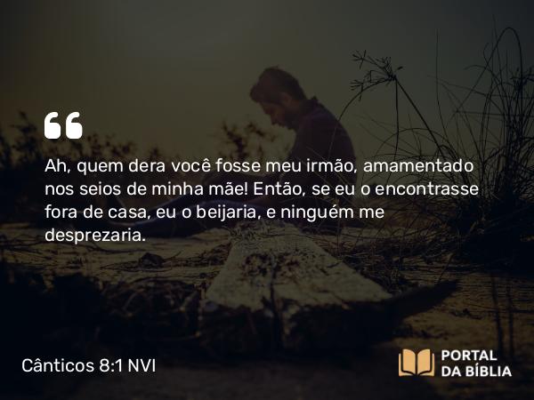 Cânticos 8:1 NVI - Ah, quem dera você fosse meu irmão, amamentado nos seios de minha mãe! Então, se eu o encontrasse fora de casa, eu o beijaria, e ninguém me desprezaria.