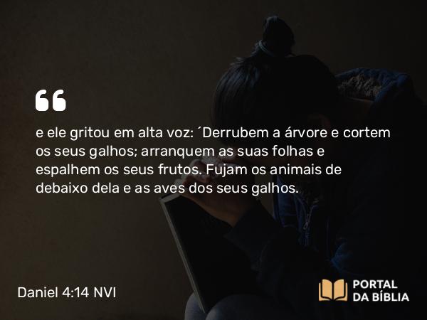 Daniel 4:14 NVI - e ele gritou em alta voz: ´Derrubem a árvore e cortem os seus galhos; arranquem as suas folhas e espalhem os seus frutos. Fujam os animais de debaixo dela e as aves dos seus galhos.