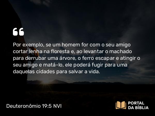 Deuteronômio 19:5 NVI - Por exemplo, se um homem for com o seu amigo cortar lenha na floresta e, ao levantar o machado para derrubar uma árvore, o ferro escapar e atingir o seu amigo e matá-lo, ele poderá fugir para uma daquelas cidades para salvar a vida.