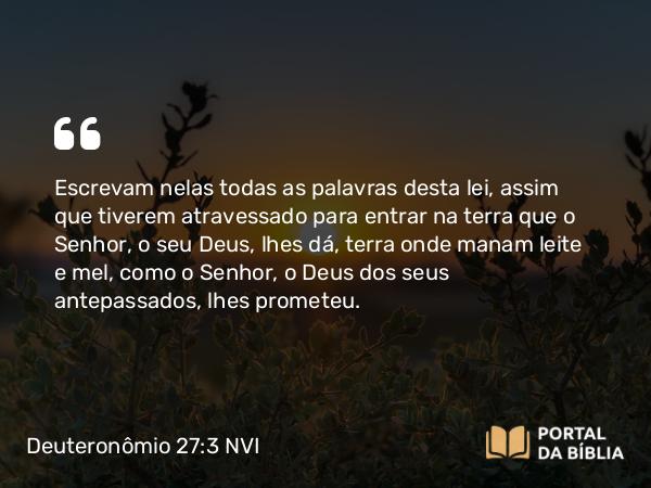 Deuteronômio 27:3 NVI - Escrevam nelas todas as palavras desta lei, assim que tiverem atravessado para entrar na terra que o Senhor, o seu Deus, lhes dá, terra onde manam leite e mel, como o Senhor, o Deus dos seus antepassados, lhes prometeu.