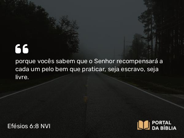 Efésios 6:8 NVI - porque vocês sabem que o Senhor recompensará a cada um pelo bem que praticar, seja escravo, seja livre.