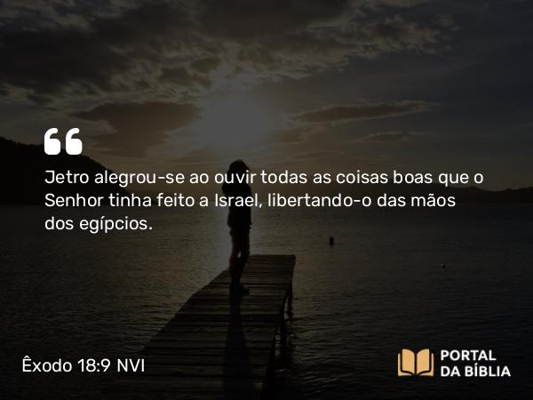 Êxodo 18:9 NVI - Jetro alegrou-se ao ouvir todas as coisas boas que o Senhor tinha feito a Israel, libertando-o das mãos dos egípcios.