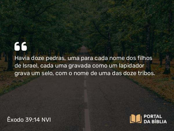 Êxodo 39:14 NVI - Havia doze pedras, uma para cada nome dos filhos de Israel, cada uma gravada como um lapidador grava um selo, com o nome de uma das doze tribos.