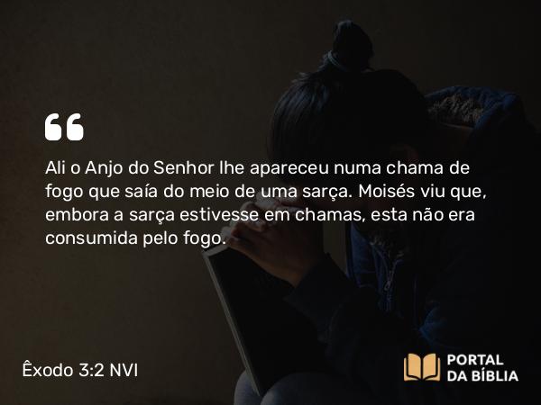 Êxodo 3:2 NVI - Ali o Anjo do Senhor lhe apareceu numa chama de fogo que saía do meio de uma sarça. Moisés viu que, embora a sarça estivesse em chamas, esta não era consumida pelo fogo.