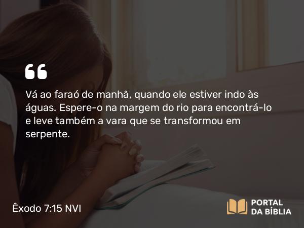 Êxodo 7:15-18 NVI - Vá ao faraó de manhã, quando ele estiver indo às águas. Espere-o na margem do rio para encontrá-lo e leve também a vara que se transformou em serpente.