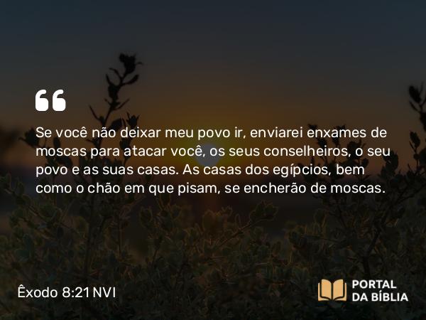 Êxodo 8:21 NVI - Se você não deixar meu povo ir, enviarei enxames de moscas para atacar você, os seus conselheiros, o seu povo e as suas casas. As casas dos egípcios, bem como o chão em que pisam, se encherão de moscas.