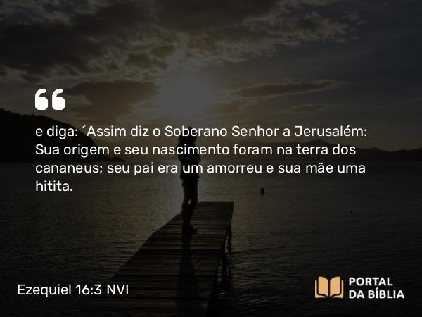 Ezequiel 16:3 NVI - e diga: ´Assim diz o Soberano Senhor a Jerusalém: Sua origem e seu nascimento foram na terra dos cananeus; seu pai era um amorreu e sua mãe uma hitita.