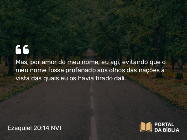 Ezequiel 20:14 NVI - Mas, por amor do meu nome, eu agi, evitando que o meu nome fosse profanado aos olhos das nações à vista das quais eu os havia tirado dali.