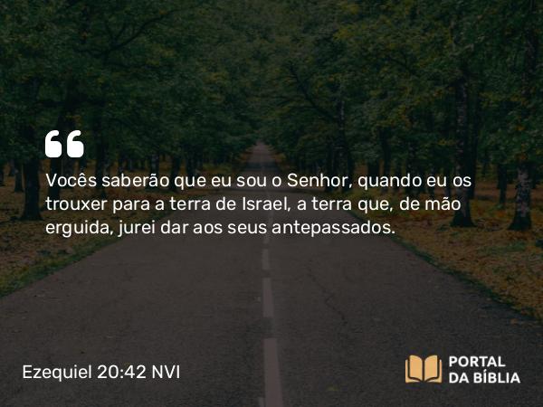 Ezequiel 20:42 NVI - Vocês saberão que eu sou o Senhor, quando eu os trouxer para a terra de Israel, a terra que, de mão erguida, jurei dar aos seus antepassados.