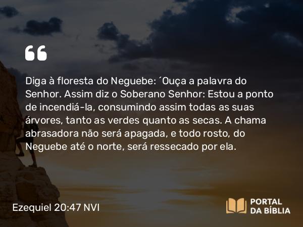 Ezequiel 20:47 NVI - Diga à floresta do Neguebe: ´Ouça a palavra do Senhor. Assim diz o Soberano Senhor: Estou a ponto de incendiá-la, consumindo assim todas as suas árvores, tanto as verdes quanto as secas. A chama abrasadora não será apagada, e todo rosto, do Neguebe até o norte, será ressecado por ela.