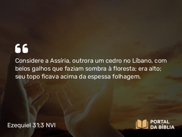 Ezequiel 31:3 NVI - Considere a Assíria, outrora um cedro no Líbano, com belos galhos que faziam sombra à floresta; era alto; seu topo ficava acima da espessa folhagem.