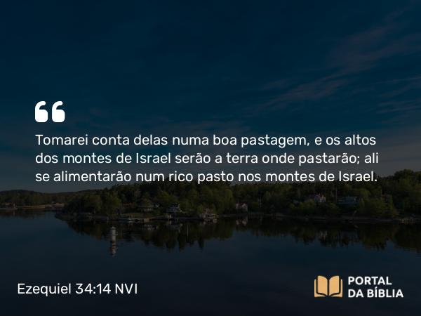 Ezequiel 34:14 NVI - Tomarei conta delas numa boa pastagem, e os altos dos montes de Israel serão a terra onde pastarão; ali se alimentarão num rico pasto nos montes de Israel.