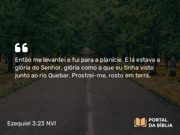 Ezequiel 3:23 NVI - Então me levantei e fui para a planície. E lá estava a glória do Senhor, glória como a que eu tinha visto junto ao rio Quebar. Prostrei-me, rosto em terra,