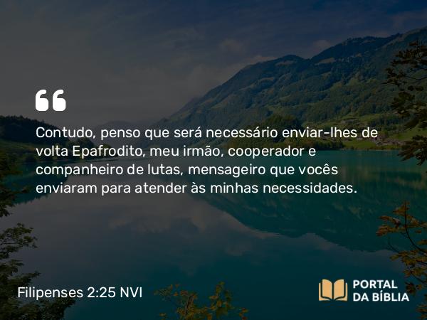 Filipenses 2:25 NVI - Contudo, penso que será necessário enviar-lhes de volta Epafrodito, meu irmão, cooperador e companheiro de lutas, mensageiro que vocês enviaram para atender às minhas necessidades.