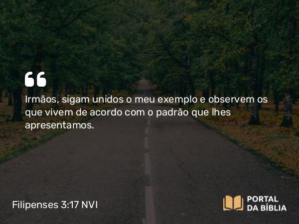 Filipenses 3:17 NVI - Irmãos, sigam unidos o meu exemplo e observem os que vivem de acordo com o padrão que lhes apresentamos.