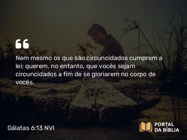 Gálatas 6:13 NVI - Nem mesmo os que são circuncidados cumprem a lei; querem, no entanto, que vocês sejam circuncidados a fim de se gloriarem no corpo de vocês.