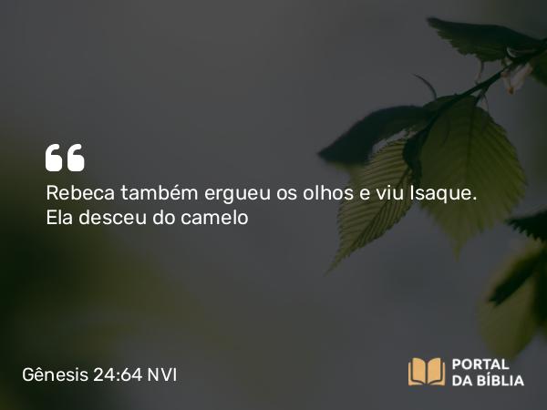 Gênesis 24:64 NVI - Rebeca também ergueu os olhos e viu Isaque. Ela desceu do camelo