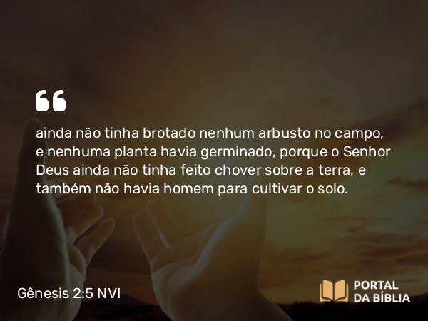 Gênesis 2:5 NVI - ainda não tinha brotado nenhum arbusto no campo, e nenhuma planta havia germinado, porque o Senhor Deus ainda não tinha feito chover sobre a terra, e também não havia homem para cultivar o solo.