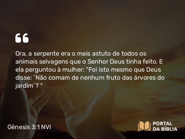 Gênesis 3:1 NVI - Ora, a serpente era o mais astuto de todos os animais selvagens que o Senhor Deus tinha feito. E ela perguntou à mulher: 