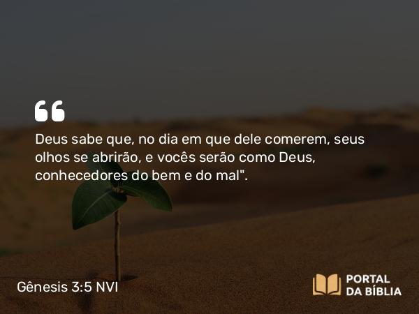 Gênesis 3:5 NVI - Deus sabe que, no dia em que dele comerem, seus olhos se abrirão, e vocês serão como Deus, conhecedores do bem e do mal