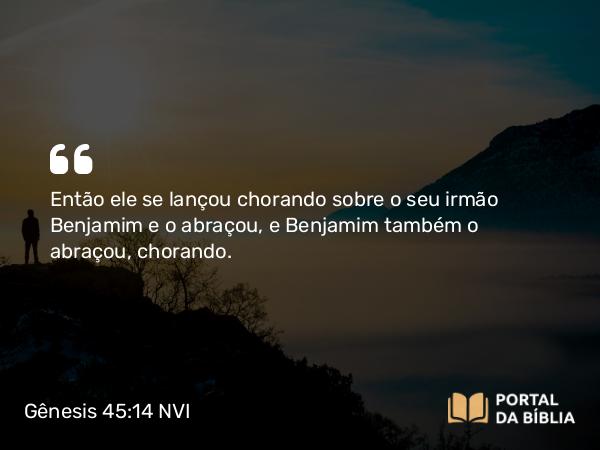 Gênesis 45:14 NVI - Então ele se lançou chorando sobre o seu irmão Benjamim e o abraçou, e Benjamim também o abraçou, chorando.