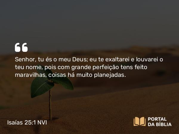 Isaías 25:1 NVI - Senhor, tu és o meu Deus; eu te exaltarei e louvarei o teu nome, pois com grande perfeição tens feito maravilhas, coisas há muito planejadas.