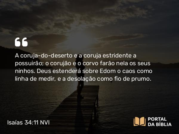 Isaías 34:11 NVI - A coruja-do-deserto e a coruja estridente a possuirão; o corujão e o corvo farão nela os seus ninhos. Deus estenderá sobre Edom o caos como linha de medir, e a desolação como fio de prumo.