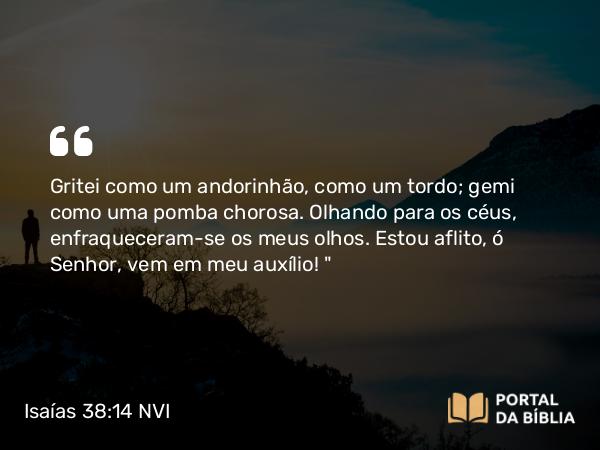 Isaías 38:14 NVI - Gritei como um andorinhão, como um tordo; gemi como uma pomba chorosa. Olhando para os céus, enfraqueceram-se os meus olhos. Estou aflito, ó Senhor, vem em meu auxílio! 