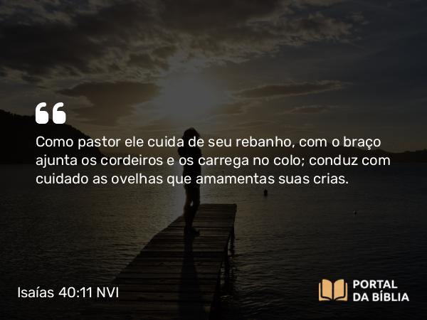 Isaías 40:11 NVI - Como pastor ele cuida de seu rebanho, com o braço ajunta os cordeiros e os carrega no colo; conduz com cuidado as ovelhas que amamentas suas crias.