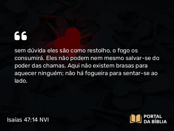 Isaías 47:14 NVI - sem dúvida eles são como restolho, o fogo os consumirá. Eles não podem nem mesmo salvar-se do poder das chamas. Aqui não existem brasas para aquecer ninguém; não há fogueira para sentar-se ao lado.