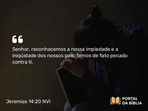 Jeremias 14:20 NVI - Senhor, reconhecemos a nossa impiedade e a iniqüidade dos nossos pais; temos de fato pecado contra ti.