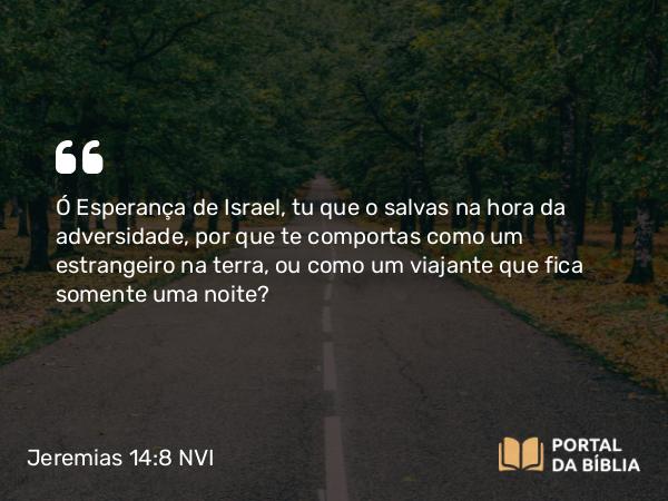 Jeremias 14:8 NVI - Ó Esperança de Israel, tu que o salvas na hora da adversidade, por que te comportas como um estrangeiro na terra, ou como um viajante que fica somente uma noite?