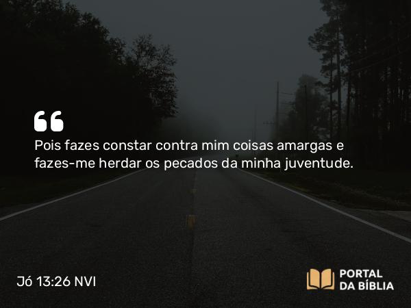 Jó 13:26 NVI - Pois fazes constar contra mim coisas amargas e fazes-me herdar os pecados da minha juventude.