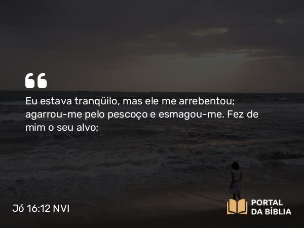 Jó 16:12 NVI - Eu estava tranqüilo, mas ele me arrebentou; agarrou-me pelo pescoço e esmagou-me. Fez de mim o seu alvo;