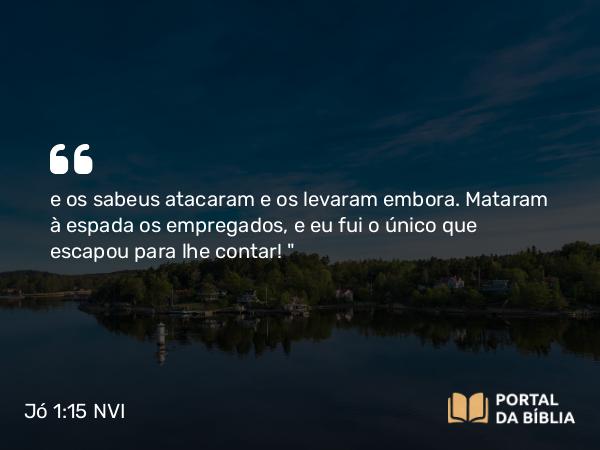 Jó 1:15 NVI - e os sabeus atacaram e os levaram embora. Mataram à espada os empregados, e eu fui o único que escapou para lhe contar! 