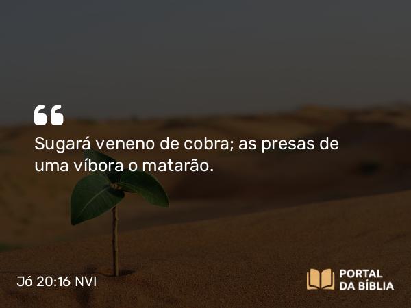 Jó 20:16 NVI - Sugará veneno de cobra; as presas de uma víbora o matarão.