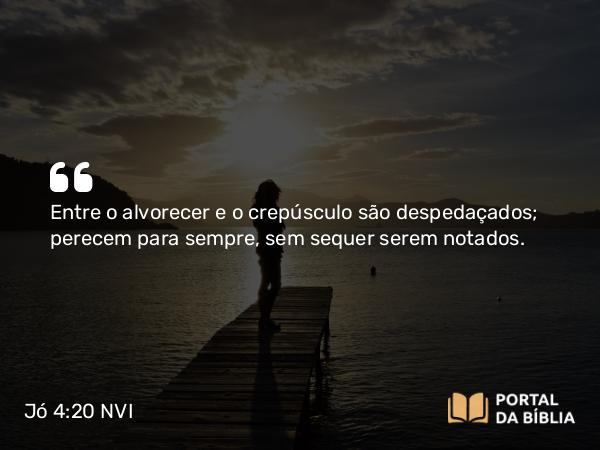 Jó 4:20 NVI - Entre o alvorecer e o crepúsculo são despedaçados; perecem para sempre, sem sequer serem notados.