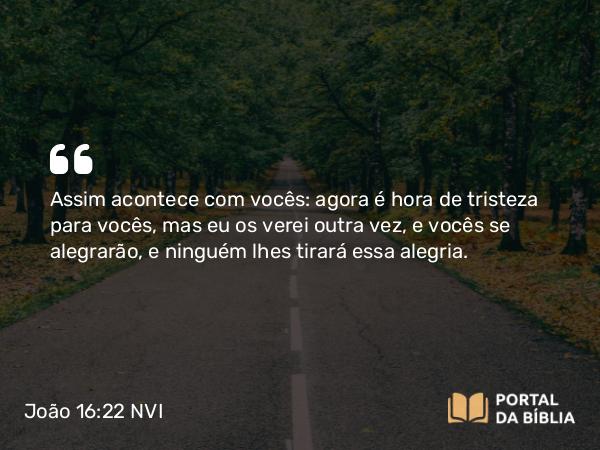 João 16:22 NVI - Assim acontece com vocês: agora é hora de tristeza para vocês, mas eu os verei outra vez, e vocês se alegrarão, e ninguém lhes tirará essa alegria.