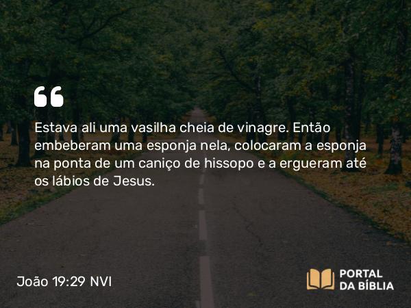 João 19:29 NVI - Estava ali uma vasilha cheia de vinagre. Então embeberam uma esponja nela, colocaram a esponja na ponta de um caniço de hissopo e a ergueram até os lábios de Jesus.