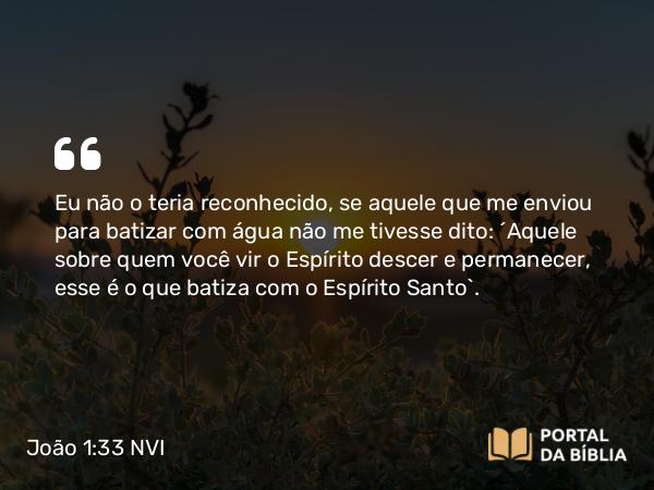 João 1:33 NVI - Eu não o teria reconhecido, se aquele que me enviou para batizar com água não me tivesse dito: ´Aquele sobre quem você vir o Espírito descer e permanecer, esse é o que batiza com o Espírito Santo`.