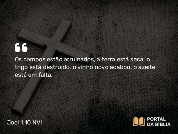 Joel 1:10 NVI - Os campos estão arruinados, a terra está seca; o trigo está destruído, o vinho novo acabou, o azeite está em falta.