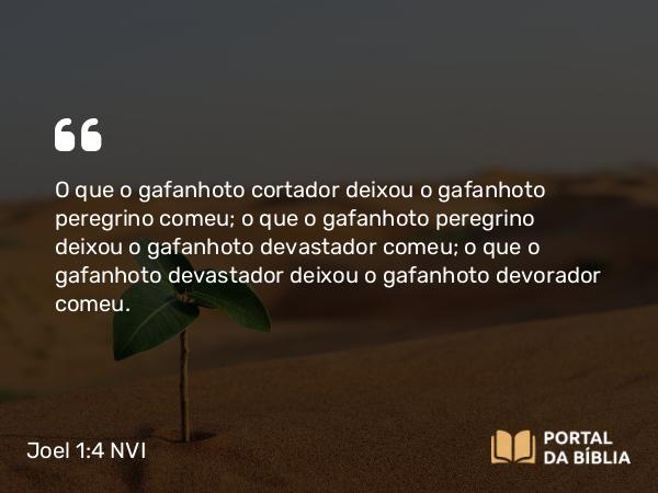 Joel 1:4 NVI - O que o gafanhoto cortador deixou o gafanhoto peregrino comeu; o que o gafanhoto peregrino deixou o gafanhoto devastador comeu; o que o gafanhoto devastador deixou o gafanhoto devorador comeu.