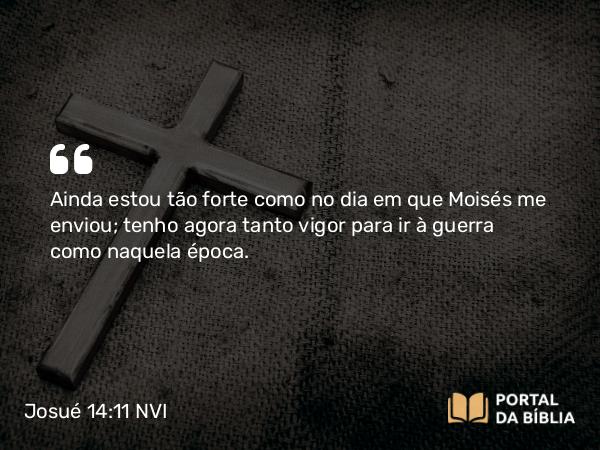 Josué 14:11 NVI - Ainda estou tão forte como no dia em que Moisés me enviou; tenho agora tanto vigor para ir à guerra como naquela época.