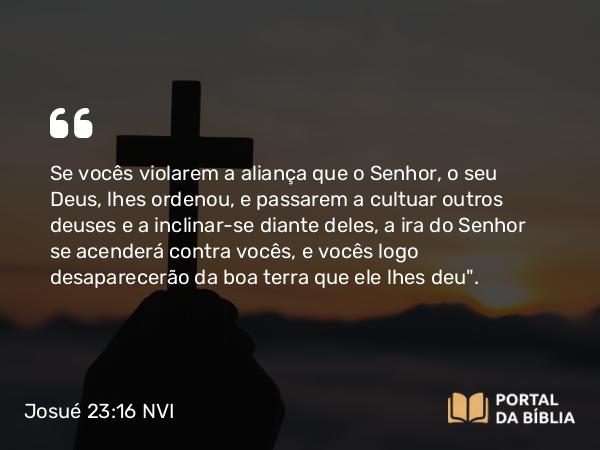 Josué 23:16 NVI - Se vocês violarem a aliança que o Senhor, o seu Deus, lhes ordenou, e passarem a cultuar outros deuses e a inclinar-se diante deles, a ira do Senhor se acenderá contra vocês, e vocês logo desaparecerão da boa terra que ele lhes deu