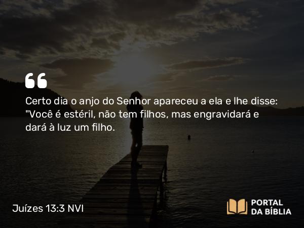 Juízes 13:3 NVI - Certo dia o anjo do Senhor apareceu a ela e lhe disse: 